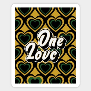 One Love Retro Hearts - black, green, gold, on gold Magnet